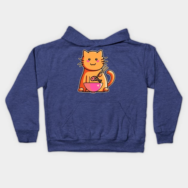 Cute cat eating fish with chopsticks Kids Hoodie by freeves